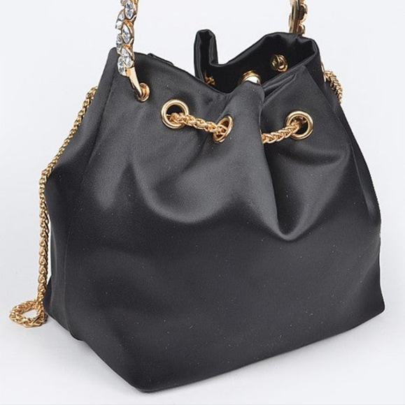 Women's Stylish Black Satin Sachel Top Handle Tassels-Detail Handle Bag - Picture 6 of 8